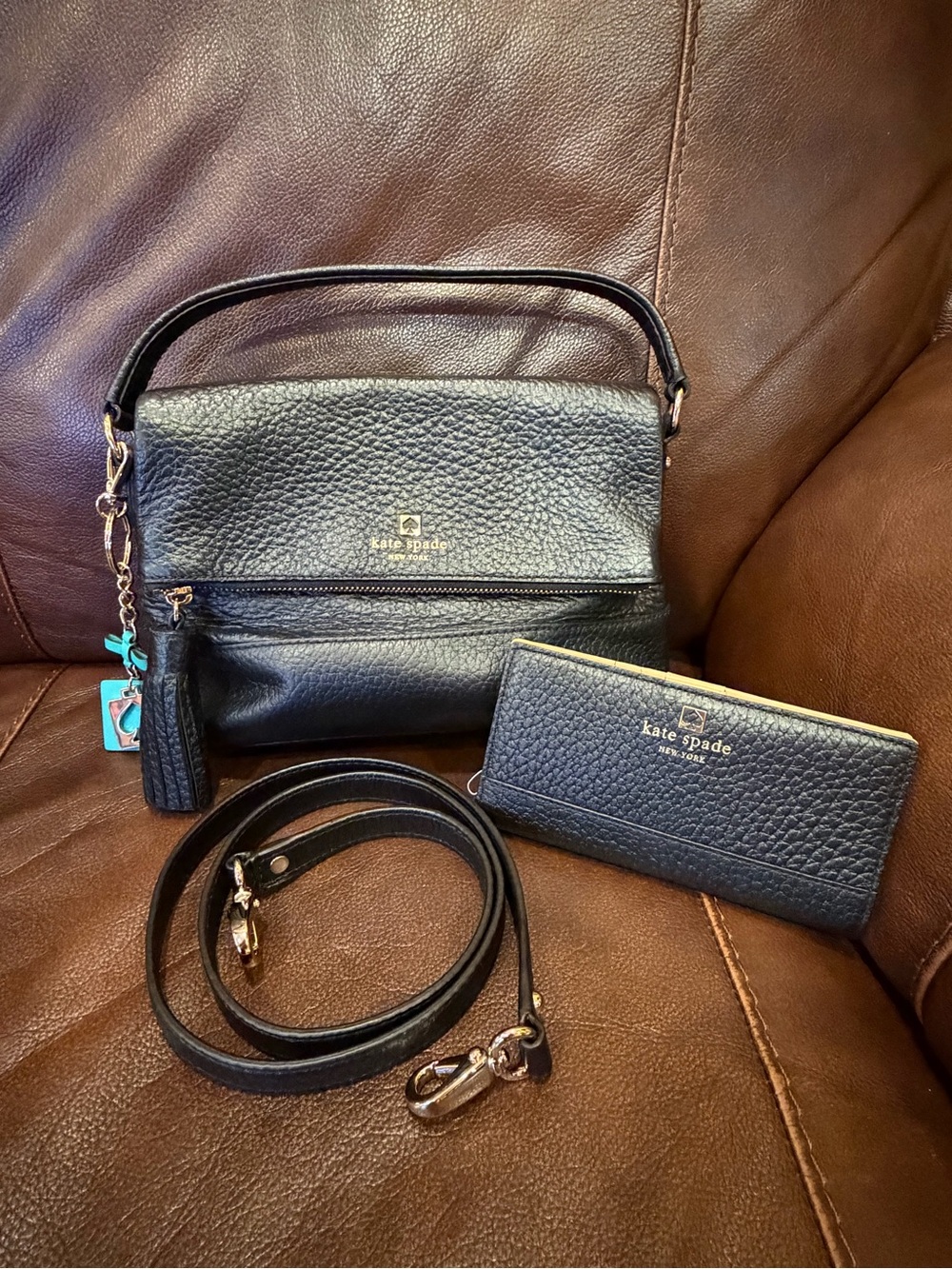 Kate Spade Black Pebbled Leather Crossbody with Matching Wallet & Keychain Charm